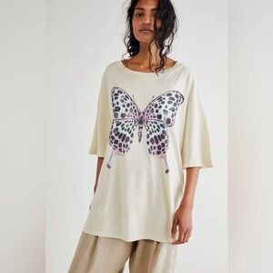 Free People Vintage Souls Leopard Butterfly Graphic Tee Ivory Medium